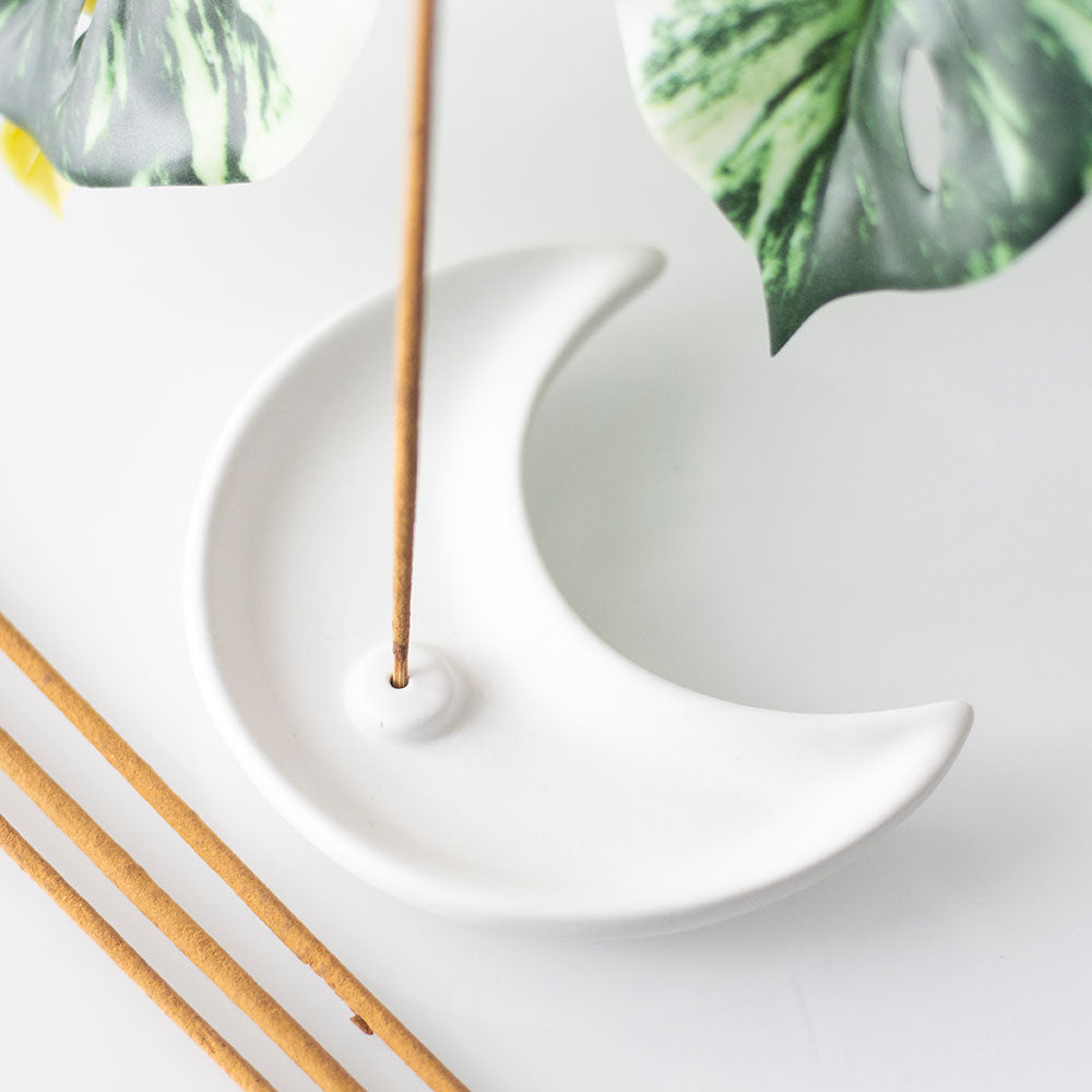 White Crescent Moon Ceramic Incense Stick Holder Plate