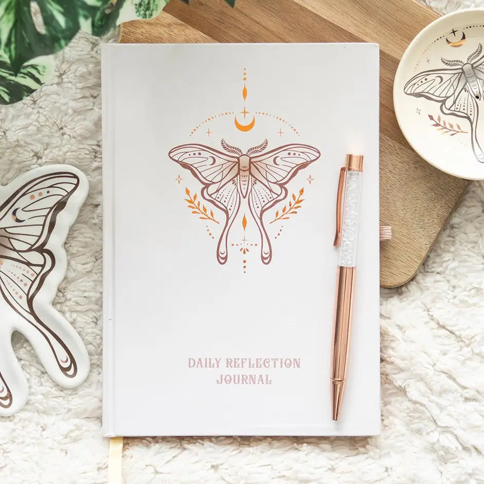 Luna Moth Daily Reflection Journal with Clear Quartz Pen