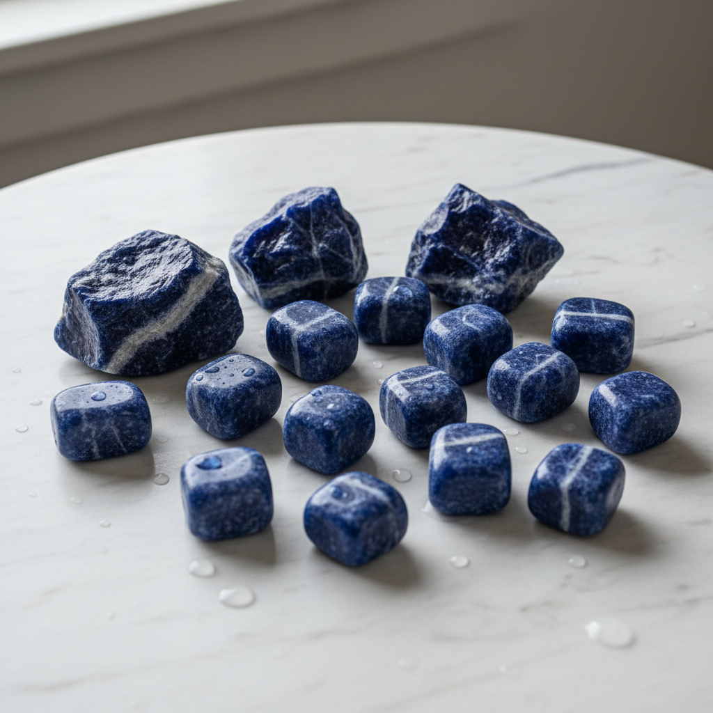 Sodalite raw and tumblestone crystals on light background
