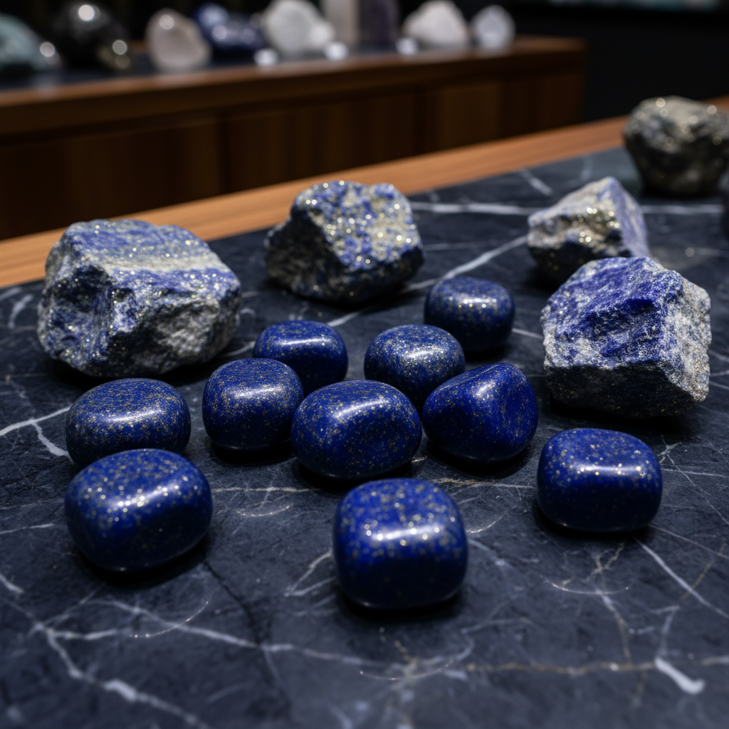 Lapis Lazuli crystals on dark marble background